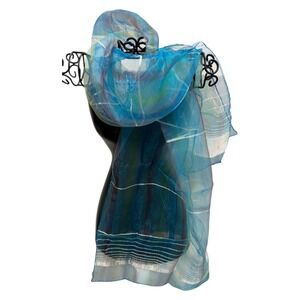 Womens Blue Sheer Scarf‎ Wrap with Pink Yellow Stripes 63x19